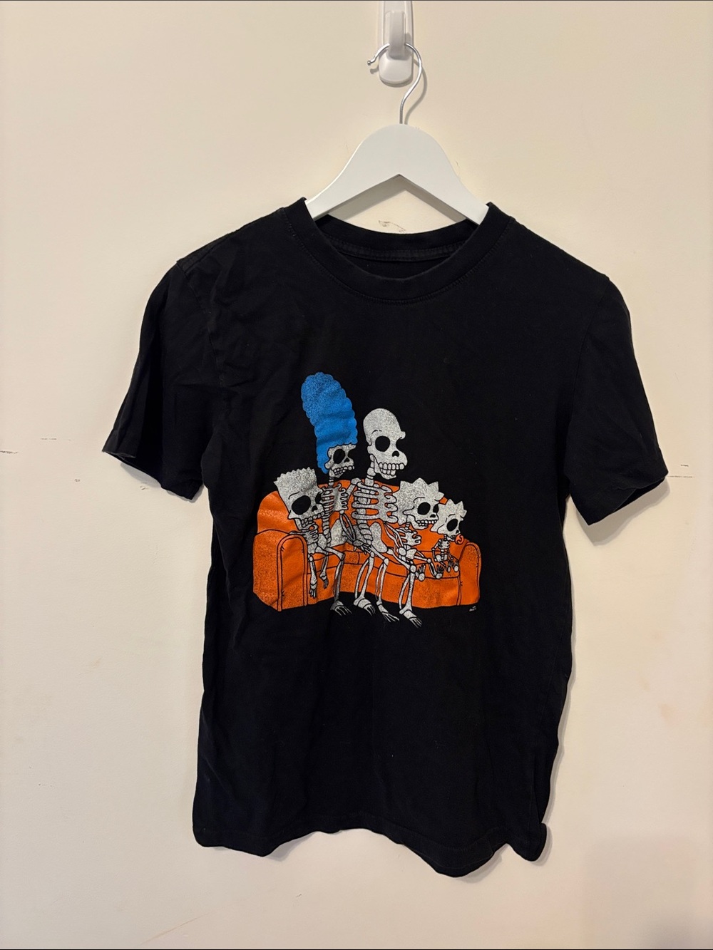 Black Graphic Short Sleeve Tee with Orange & Blue Skeleton Design